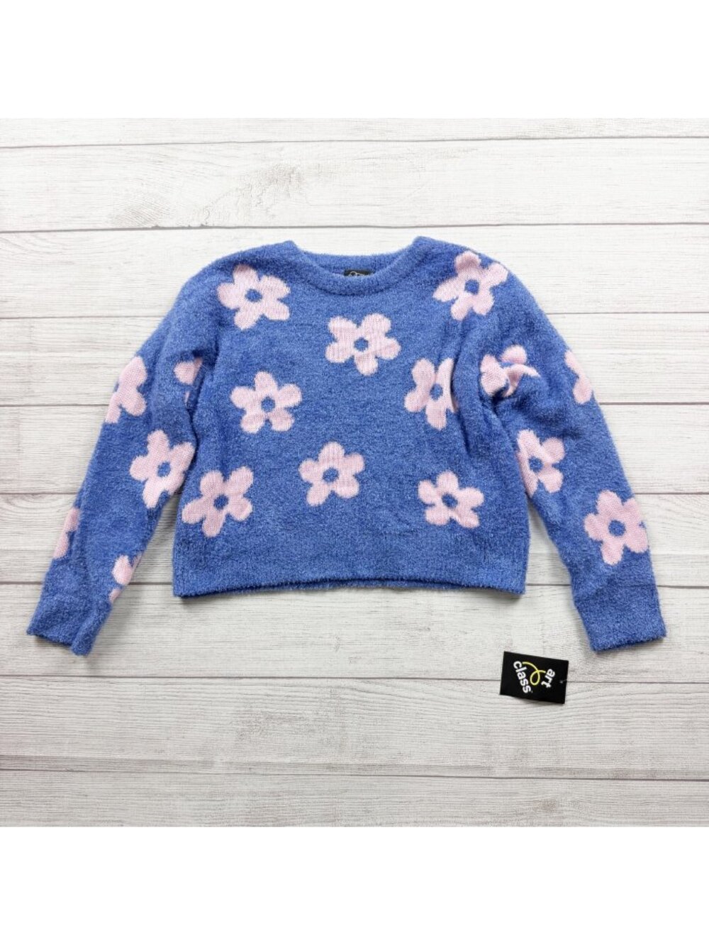 Art Class Girls Blue Pink Floral Fuzzy Knit Sweater NWT L 10-12